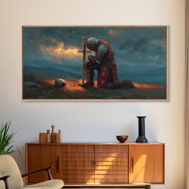 Kneeling Medieval Knight Wall Art, Moody Fantasy Framed Canvas Print, Sword And Skull Decor, Masculine Office Art Gift For Him