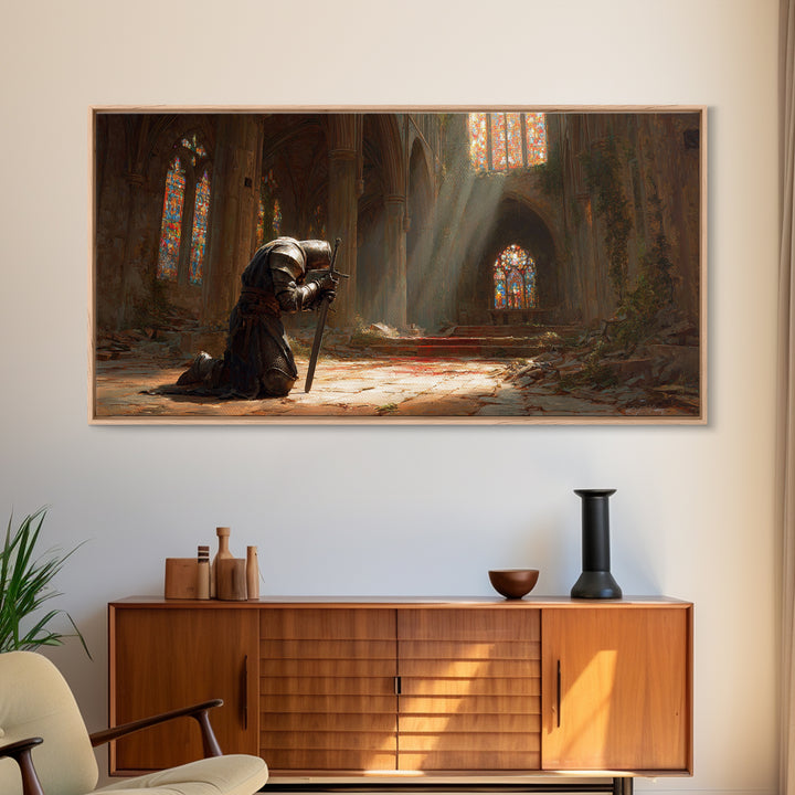Kneeling Knight In Ruined Cathedral Wall Art, Medieval Fantasy Canvas, Stained Glass Chapel, Dark Academia Home Decor Gift