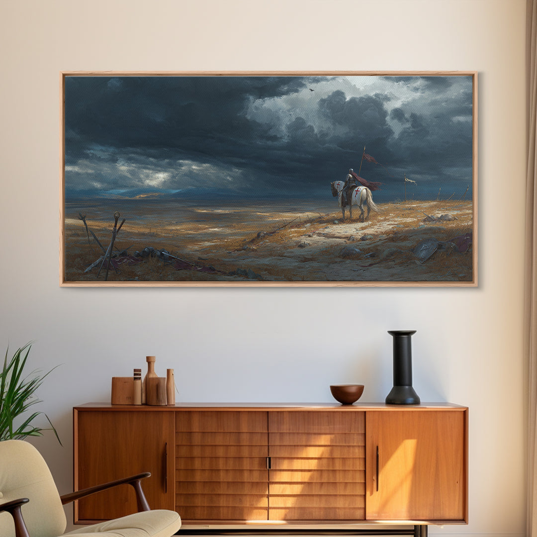 Lone Western Rider Storm Landscape Wall Art, Moody Prairie Horse Canvas, Rustic Cowboy Decor, Dramatic Frontier Print, Gift