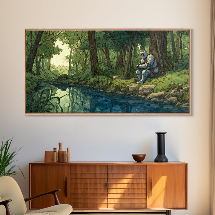 Pixel Knight Resting By Forest Stream Wall Art, Fantasy Canvas Print, Woodland Landscape, Kids Room Decor Gamer Gift For Him