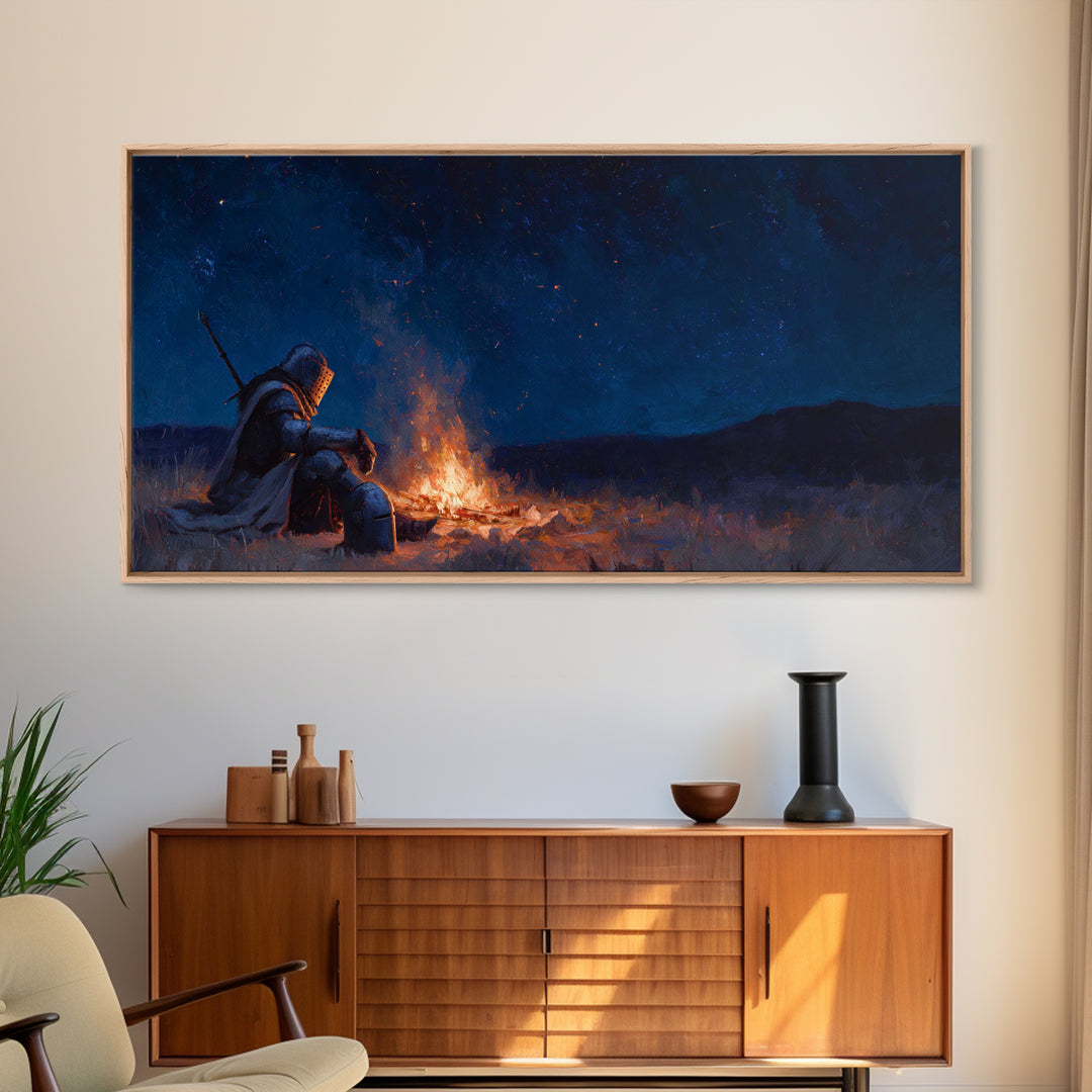 Lonely Knight Campfire Canvas Print, Dark Fantasy Wall Art, Starry Night Medieval Decor, Gaming Room Art And Gift For Him