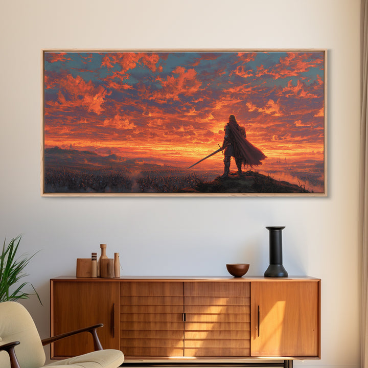 Lone Warrior Over Fiery Battlefield Canvas Print, Fantasy Wall Art, Epic Landscape Art, Medieval Decor, Dramatic Gift For Him