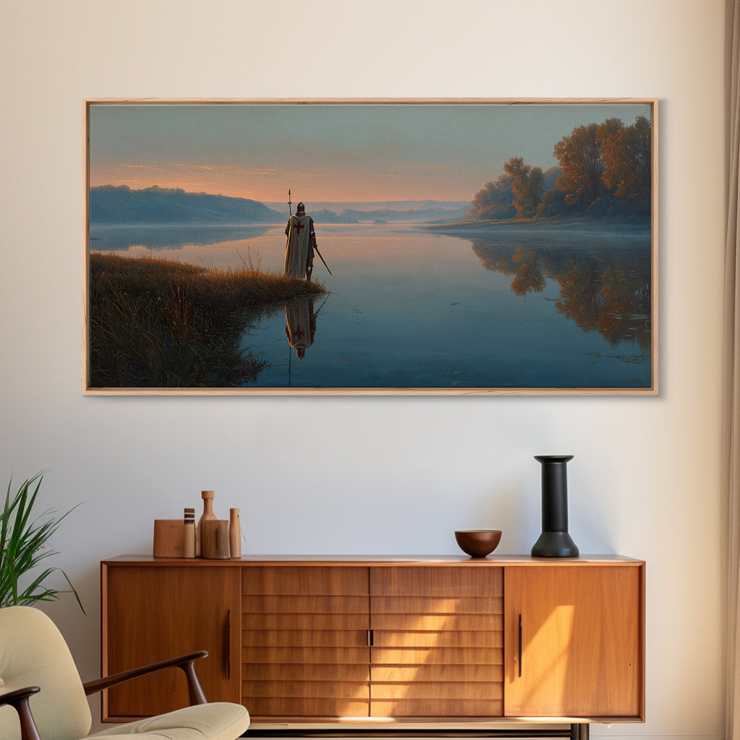 Misty River Knight Landscape Wall Art, Serene Medieval Lake Canvas, Reflective Nature Decor, Fantasy Print, Gift For Him