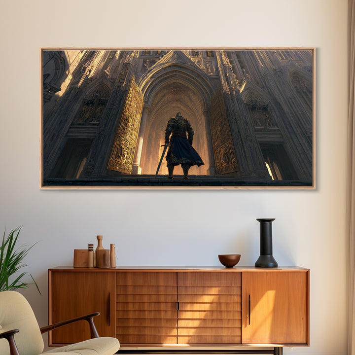 Armored Knight Before Gothic Cathedral Wall Art, Medieval Fantasy Architecture Print, Dark Academia Castle Decor Gift For Him