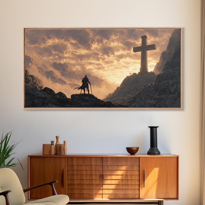 Knight At Mountain Cross Wall Art, Christian Fantasy Canvas Print, Medieval Warrior Decor, Inspirational Religious Art Print