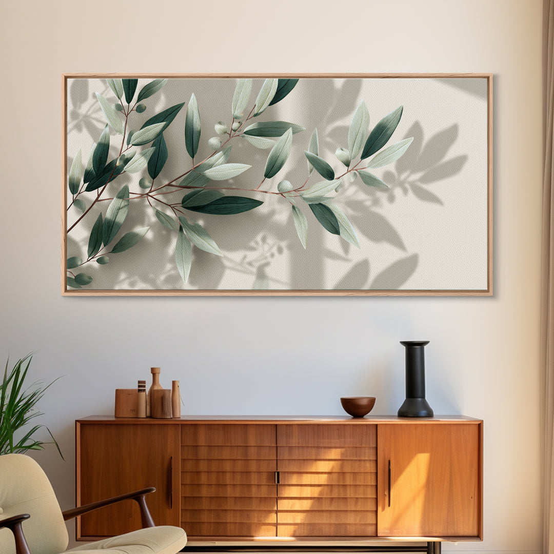 Olive Branch Botanical Canvas Print, Sage Green Wall Art, Minimalist Nature Decor, Calming Japandi Living Room Framed Art