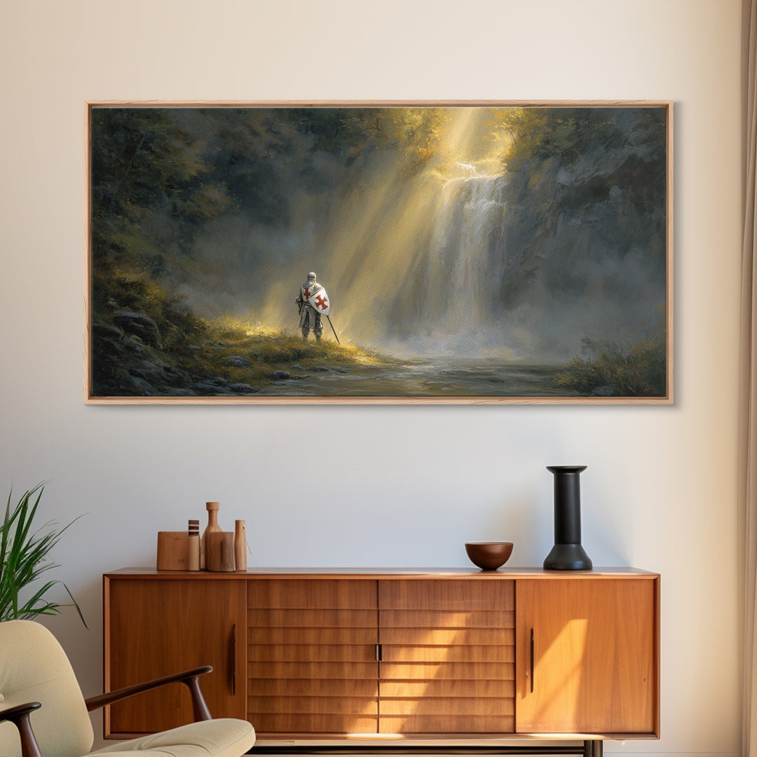 Templar Knight By Misty Waterfall Framed Canvas Print, Christian Wall Art, Medieval Landscape, Inspirational Gift For Him