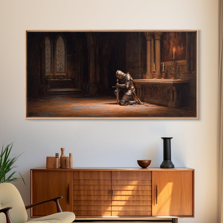 Kneeling Knight In Gothic Chapel Framed Canvas Print, Medieval Wall Art For Dark Academia Decor And Masculine Office Decor