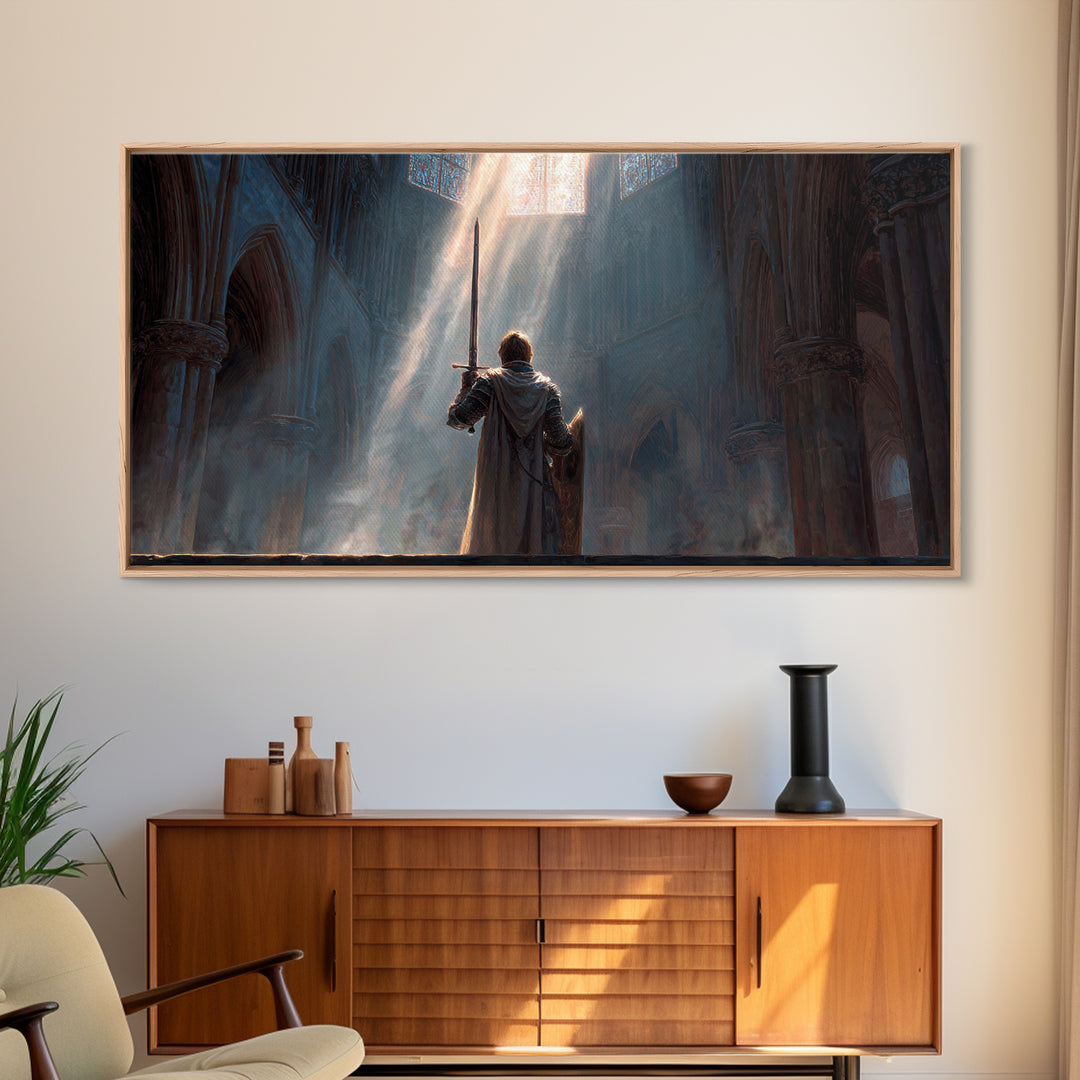 Knight In Sunlit Gothic Cathedral Framed Canvas Print, Fantasy Wall Art, Medieval Decor, Christian Artwork, Gift For Him