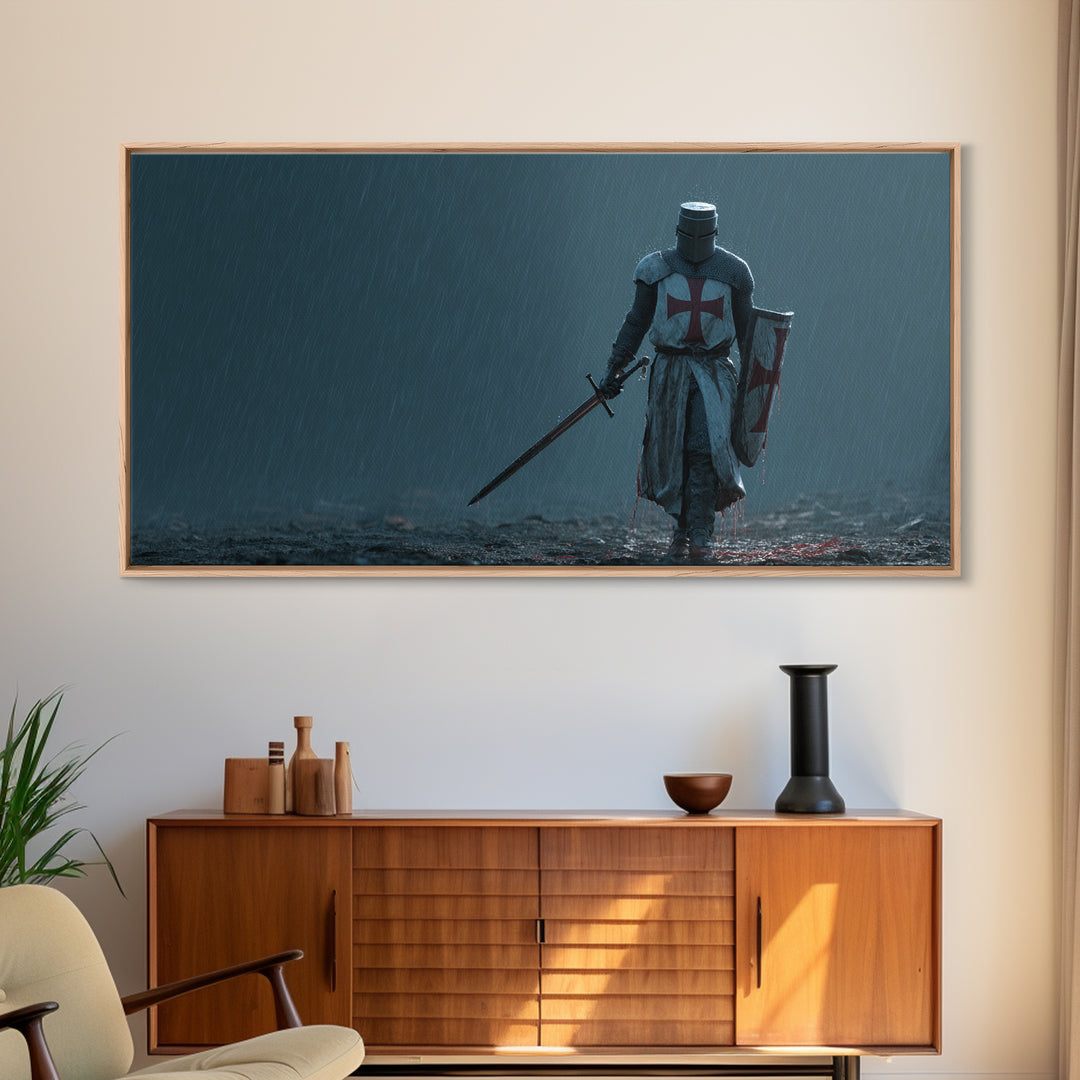 Templar Knight In Rain Wall Art, Medieval Crusader Canvas Print, Dark Fantasy Decor, Gothic Warrior Art Print For Man Cave