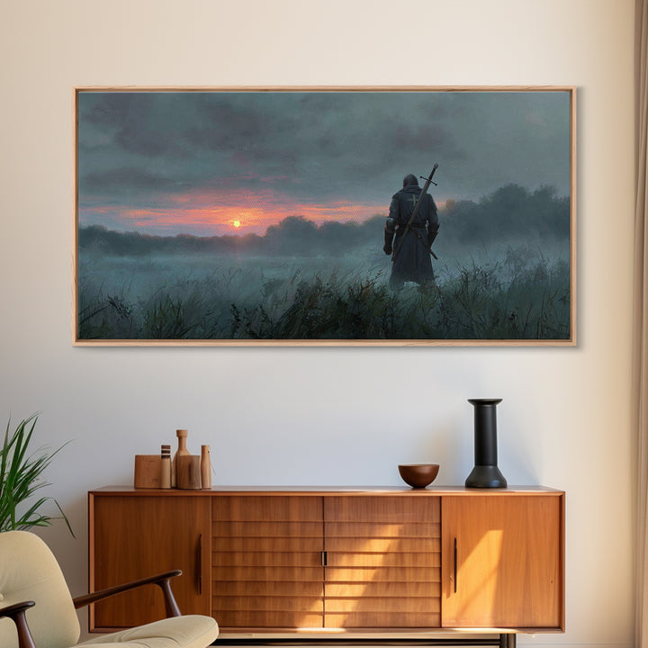 Lone Warrior At Misty Sunrise Wall Art, Medieval Fantasy Canvas Print, Moody Landscape Decor, Dark Academia Gift For Him