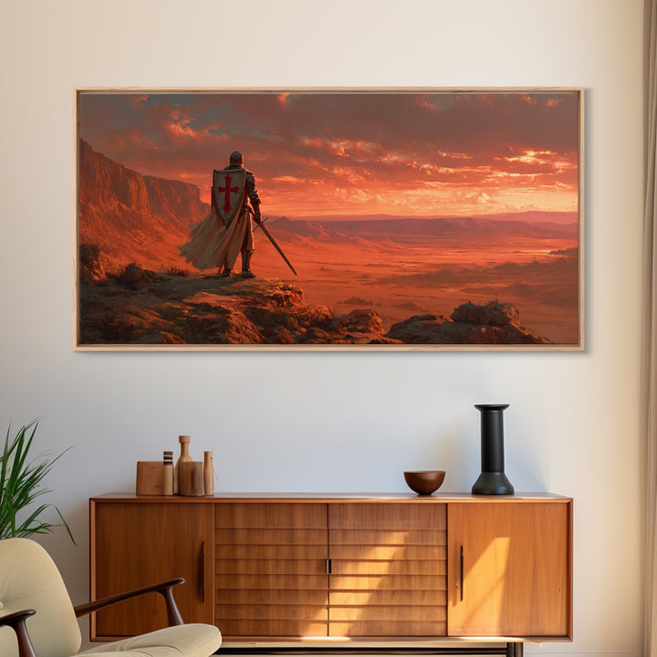 Templar Knight Over Desert Valley Canvas Print, Medieval Fantasy Wall Art, Western Sunset Decor, Man Cave Poster Gift For Him