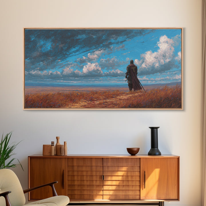 Lone Knight Coastal Fantasy Landscape Wall Art, Medieval Warrior Canvas, Moody Sky Print, Gamer Room Decor Housewarming Gift