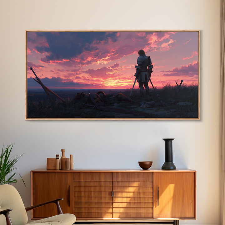 Lonely Warrior Sunset Wall Art, Medieval Battlefield Canvas Print, Moody Fantasy Landscape Decor, Gift For Him Office Art