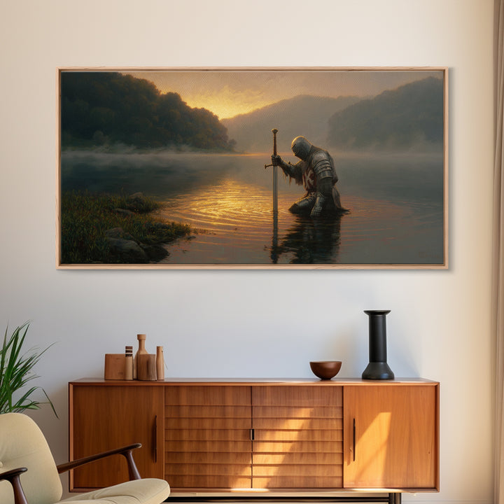 Kneeling Knight In Misty Lake At Sunrise Framed Canvas Print, Fantasy Wall Art, Medieval Decor, Man Cave Art, Gift For Him