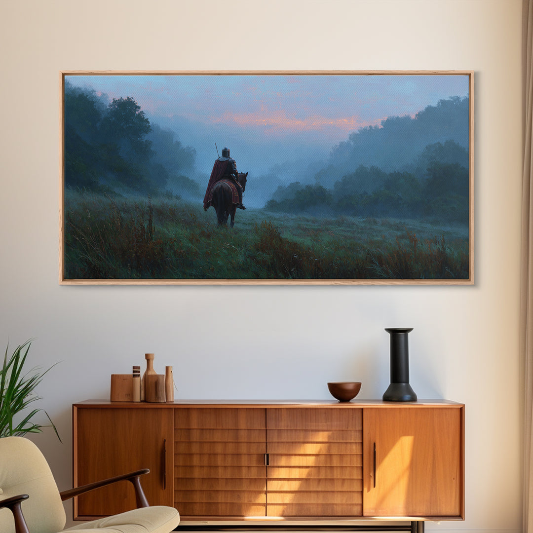 Lone Rider In Misty Forest Canvas Print, Moody Landscape Wall Art, Medieval Horseman Decor, Fantasy Adventure Gift For Him