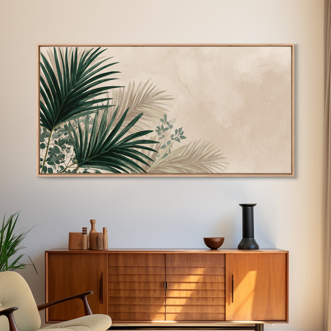 Large Tropical Palm Leaves Canvas Print, Neutral Botanical Wall Art, Coastal Boho Decor, Modern Green Living Room Art Print