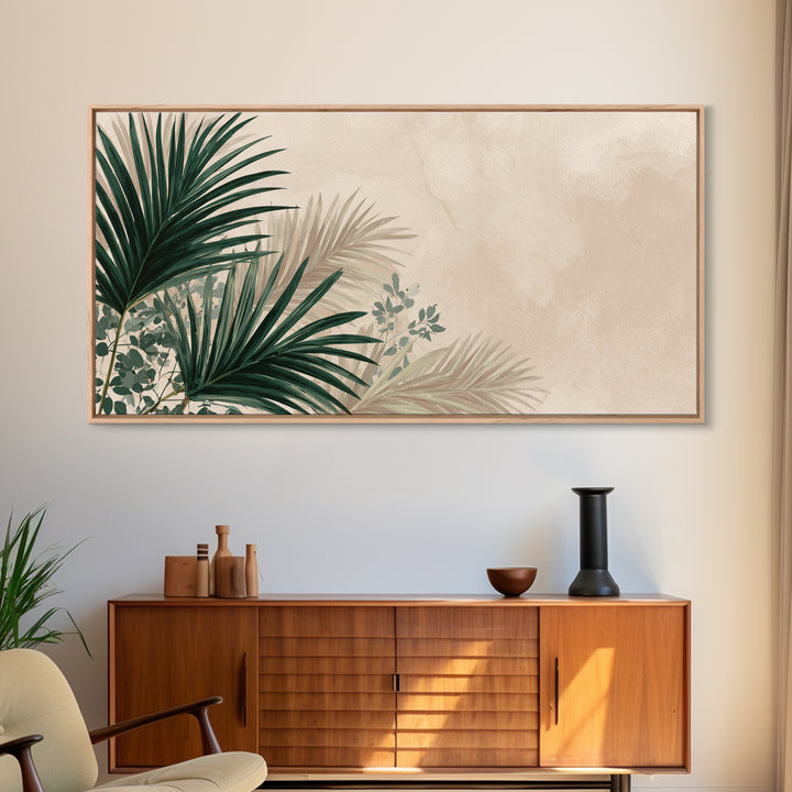 Large Tropical Palm Leaves Canvas Print, Neutral Botanical Wall Art, Coastal Boho Decor, Modern Green Living Room Art Print