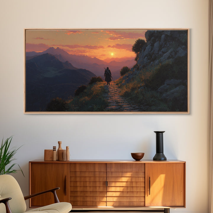 Lone Traveler Mountain Sunset Wall Art, Fantasy Landscape Canvas Print, Above Bed Decor, Adventure Gift, Nature Wall Decor