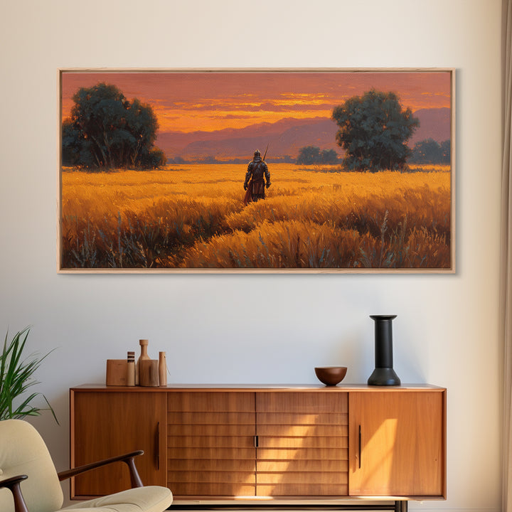 Armored Warrior In Golden Field Wall Art, Fantasy Landscape Print, Sunset Adventure Decor, Medieval Knight Gift For Him Art