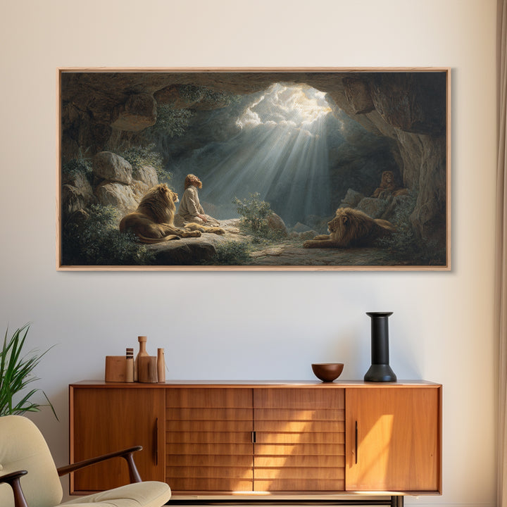Sunlit Cave Child With Lions Canvas Print, Biblical Fantasy Wall Art For Nursery Decor, Prayer Room Decor And Housewarming Gift