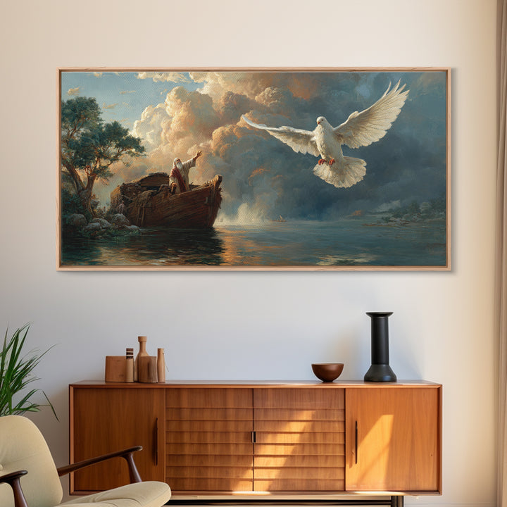 Noah Releasing White Dove From Ark Framed Canvas Print, Biblical Wall Art, Christian Decor, Spiritual Gift For Prayer Room