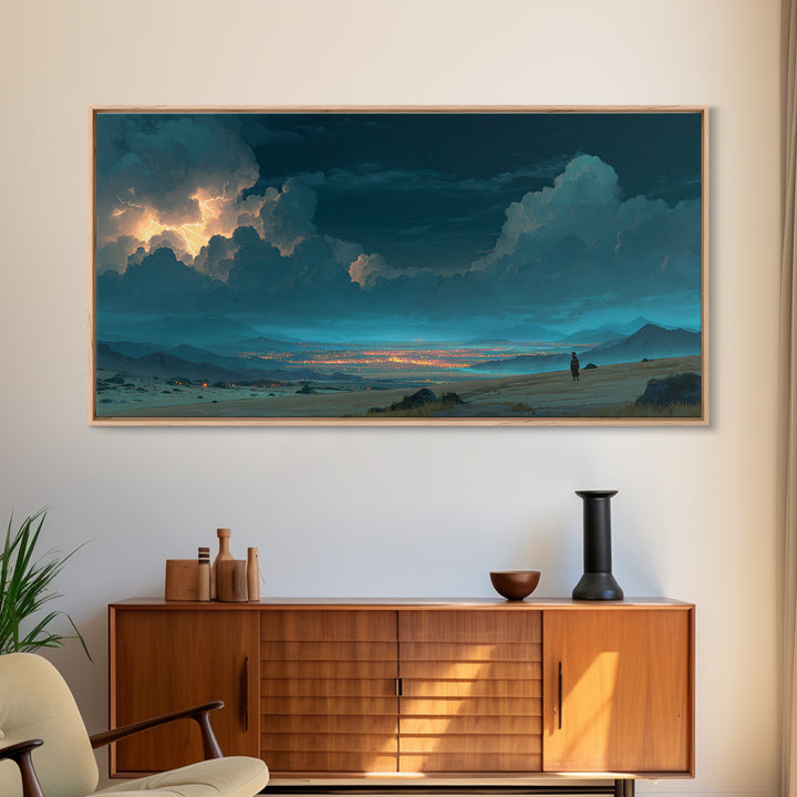 Moonlit Desert Storm Wall Art, Moody Blue Night Landscape Canvas Print, Southwest Travel Decor, Dramatic City Lights Gift