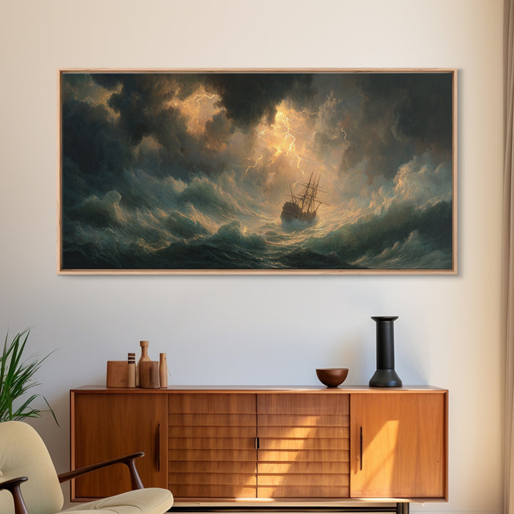 Lightning Storm Ship At Sea Canvas Print, Moody Ocean Seascape Wall Art, Nautical Decor, Dramatic Coastal Wall Decor For Living Room