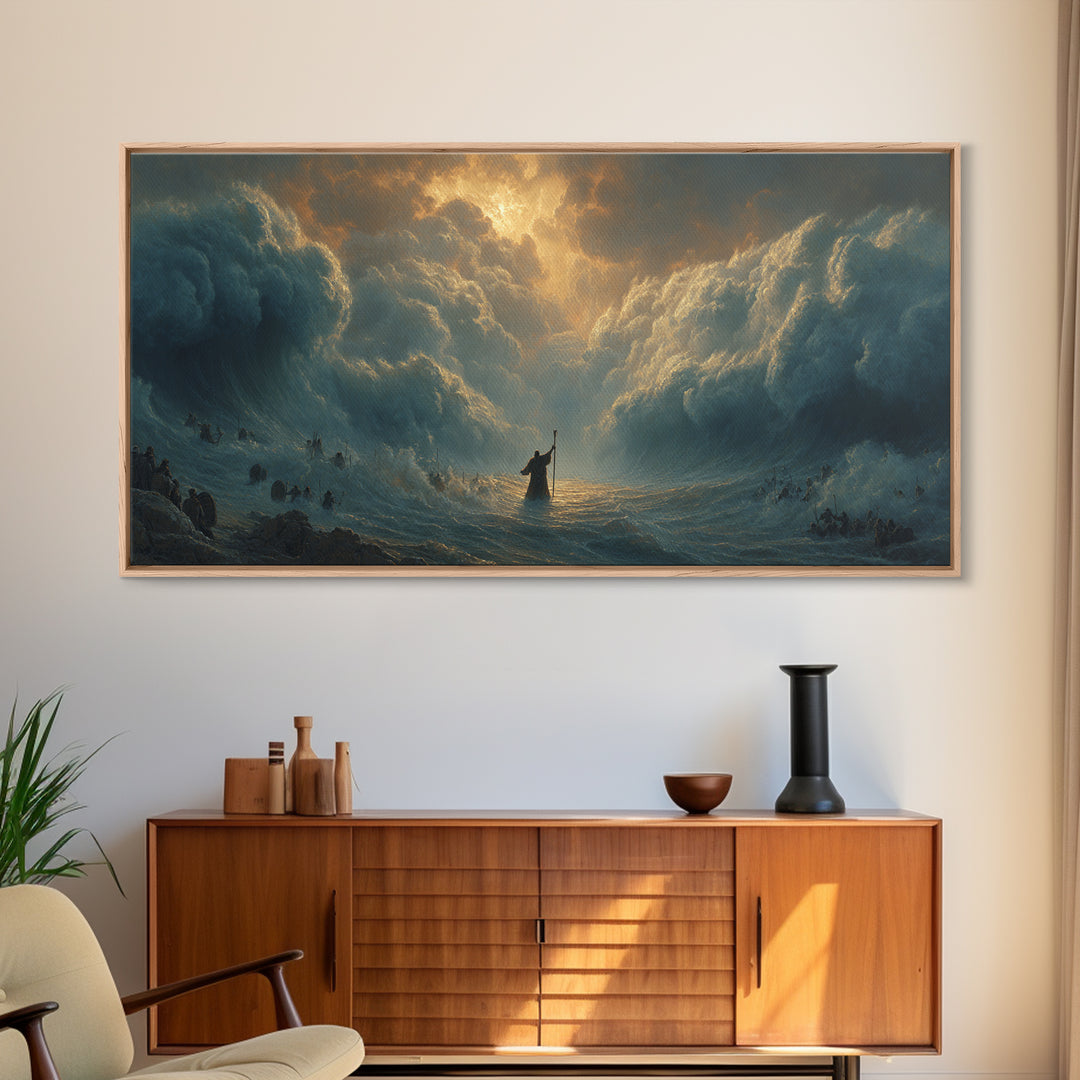 Moses Parting The Red Sea Wall Art, Biblical Ocean Storm Painting, Christian Home Decor, Dramatic Faith Gift For Living Room