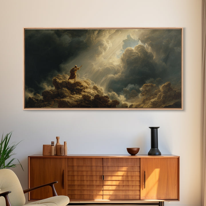 Prophet On Stormy Mountain Canvas Print, Biblical Wall Art, Divine Light Clouds, Spiritual Landscape Decor Gift For Prayer Room