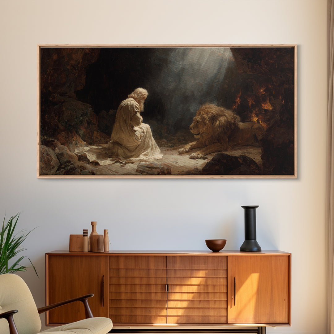 Praying Man With Lion Cave Wall Art, Christian Canvas Print, Biblical Daniel Decor, Spiritual Fine Art For Prayer Room Decor