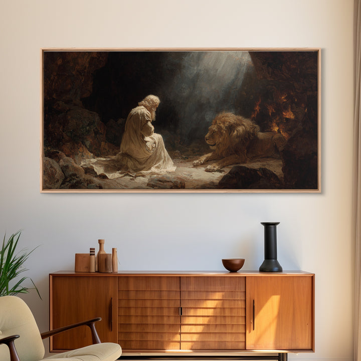 Praying Man With Lion Cave Wall Art, Christian Canvas Print, Biblical Daniel Decor, Spiritual Fine Art For Prayer Room Decor