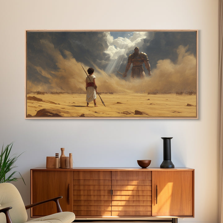 Young Warrior Facing Desert Giant Wall Art, Epic Biblical Fantasy Canvas Print, Courage Painting For Boys Room And Office Decor