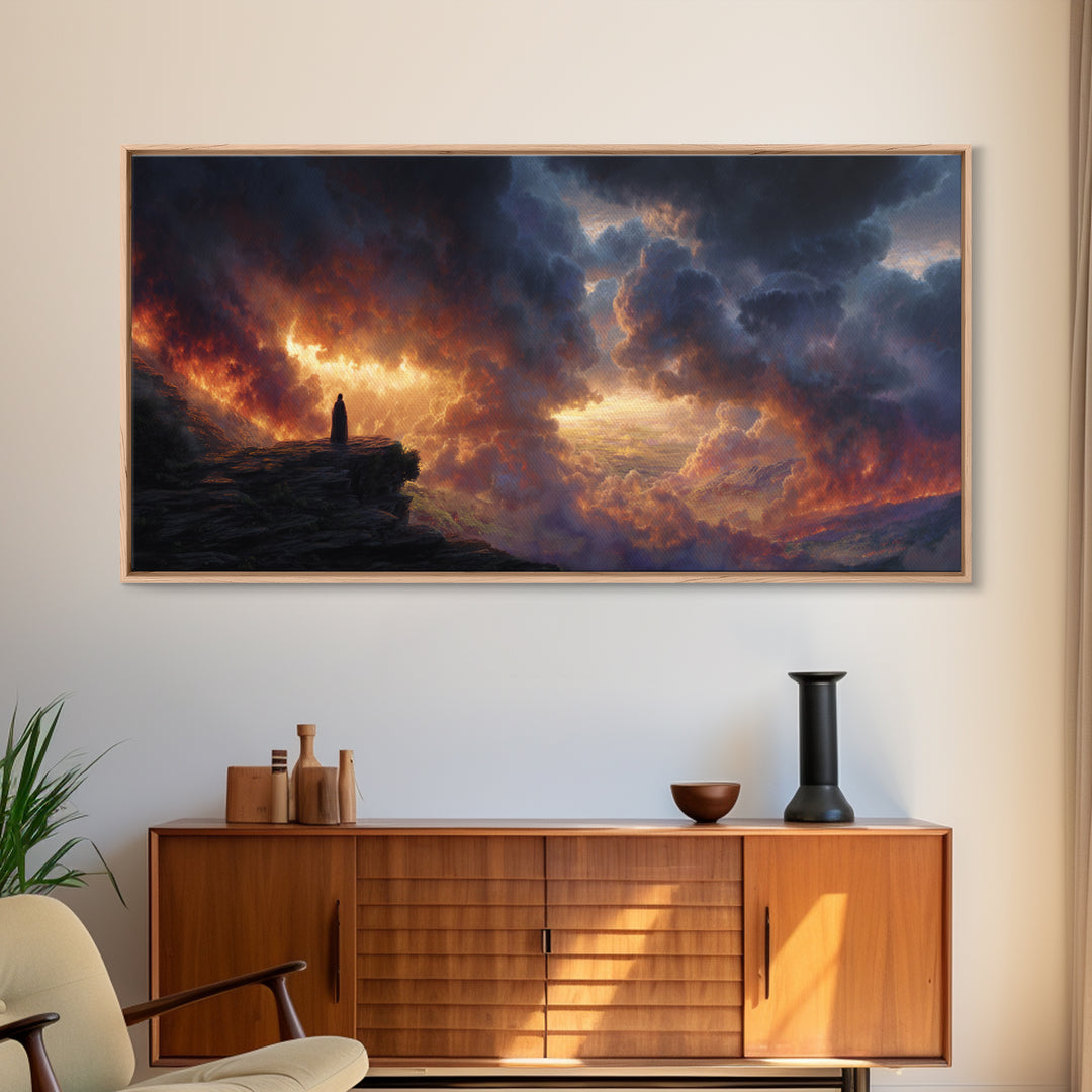 Lone Figure Before Fiery Storm Wall Art, Dark Fantasy Canvas Print, Dramatic Surreal Landscape, Moody Office Decor Gift For Him