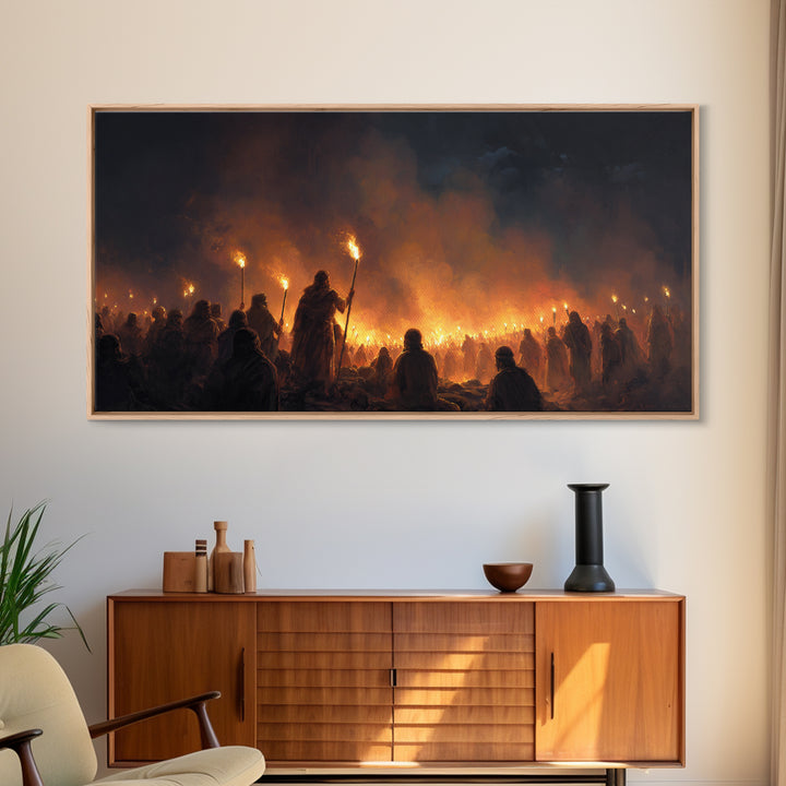Torchlit Gathering In Smoky Night Wall Art, Dark Fantasy Painting Print, Moody Medieval Decor, Dramatic Statement Art For Gothic Home