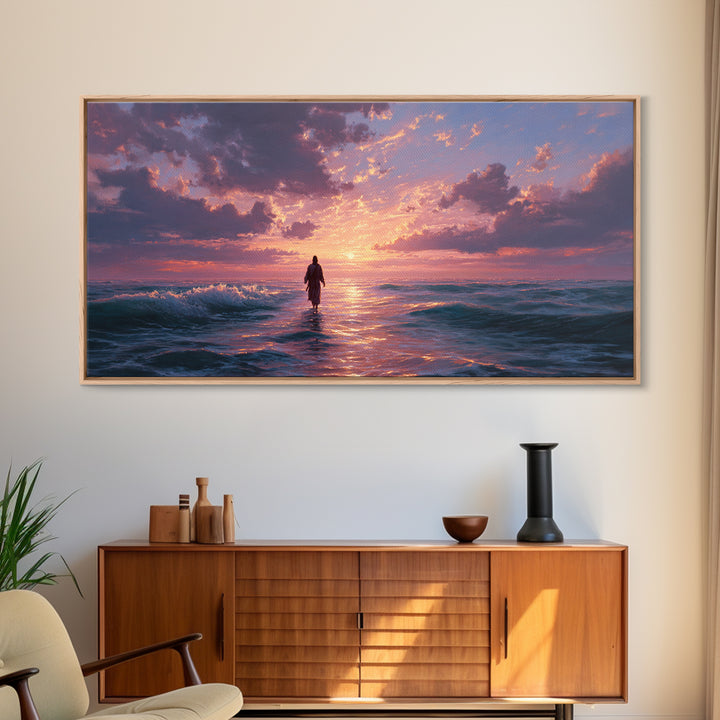 Solitary Figure In Ocean Sunset Waves Wall Art, Seascape Canvas Print, Coastal Decor, Romantic Bedroom Art, Gift For Her