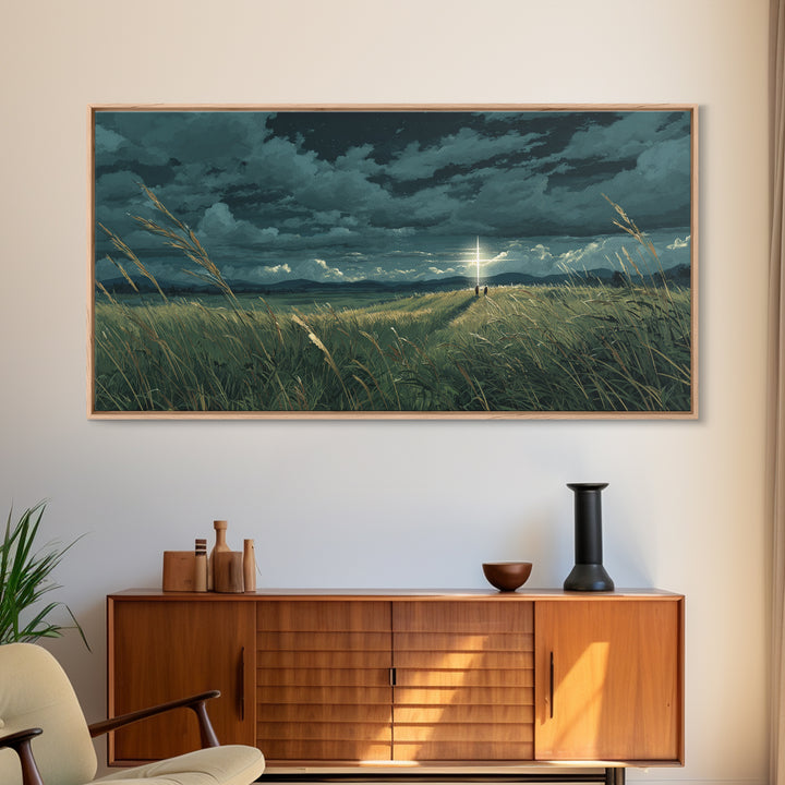 Lone Figure In Stormy Meadow Wall Art, Moody Fantasy Landscape Canvas Print, Cinematic Field Decor, Dramatic Nature Art Print