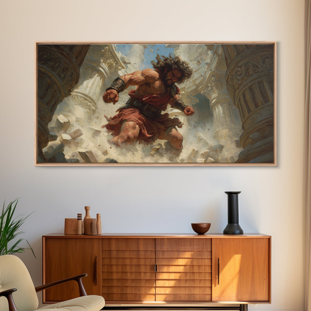 Raging Titan Among Ruined Columns Framed Canvas Print, Mythological Art, Greek Fantasy Wall Art, Dramatic Home Decor, Statement Artwork