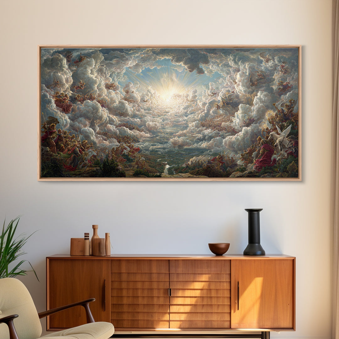 Heavenly Cloud Battle With Angels Framed Canvas Print, Baroque Mythological Wall Art, Renaissance Decor, Biblical Gift Art