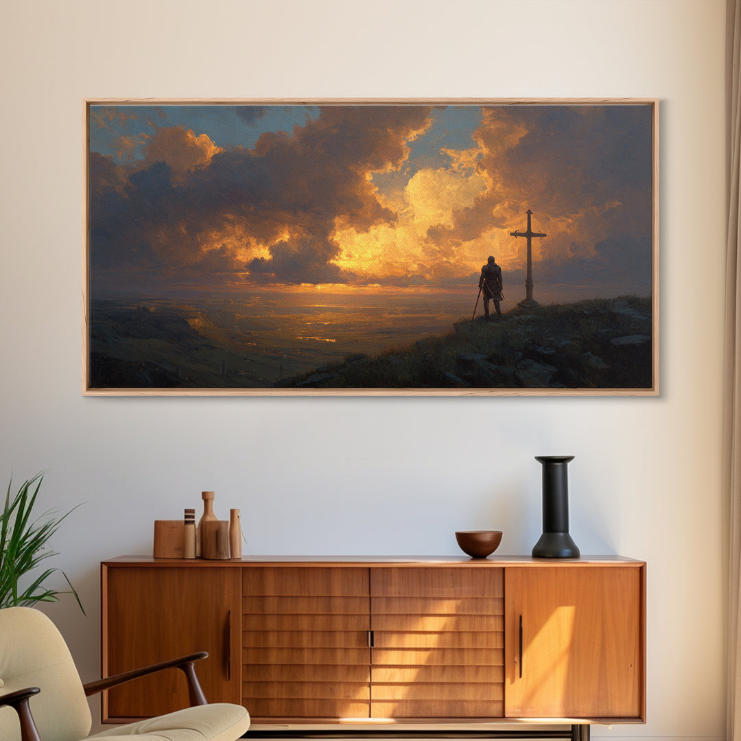 Lone Knight Sunset Wall Art, Medieval Fantasy Landscape Canvas Print, Christian Cross Decor, Masculine Office Art Gift For Him