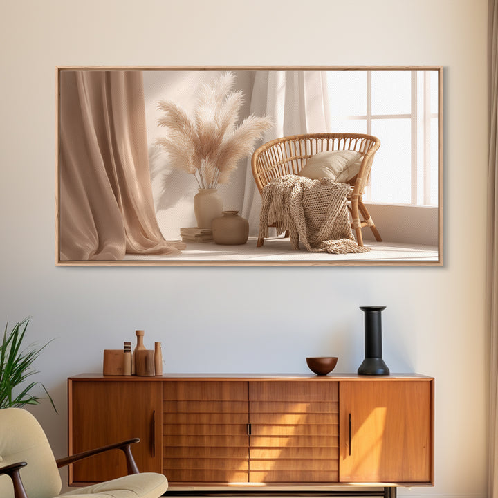 Neutral Wicker Chair With Pampas Grass Canvas Print, Boho Bedroom Wall Art, Cozy Minimalist Decor For Modern Living Room
