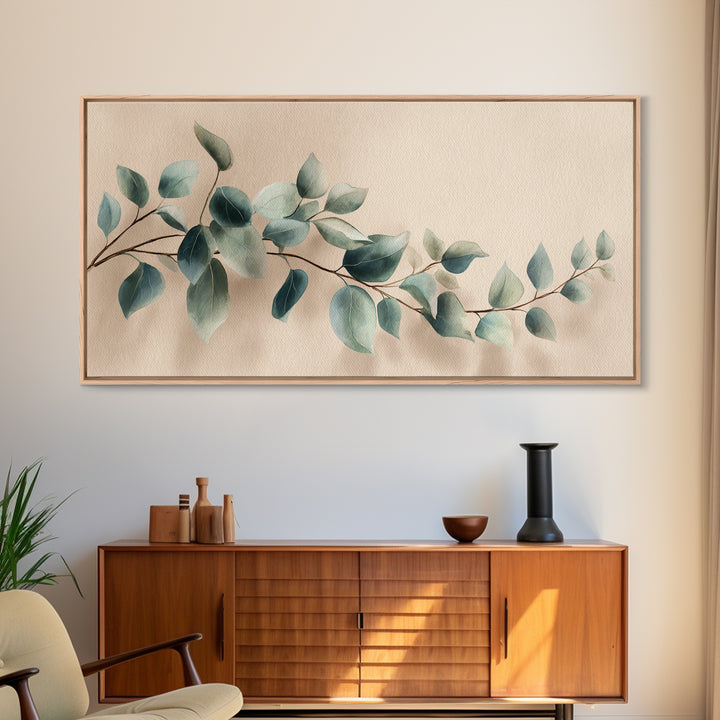 Soft Eucalyptus Branch Canvas Print, Blue Green Botanical Wall Art, Neutral Home Decor, Bedroom Wall Art, Modern Living Room Art