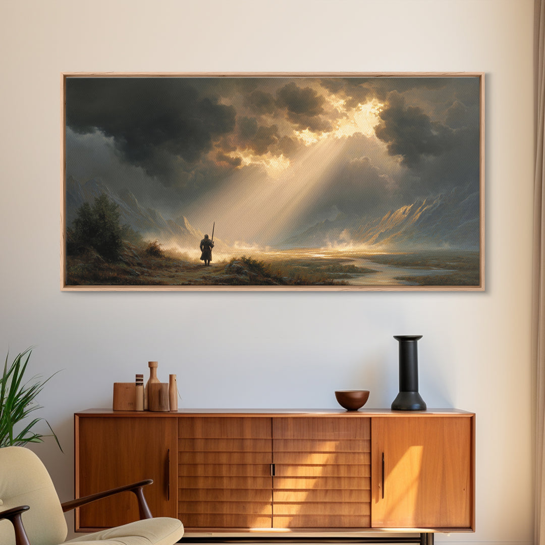 Warrior In Sunlit Mountain Valley Canvas Print, Fantasy Landscape Wall Art, Epic Adventure Decor And Dramatic Office Art