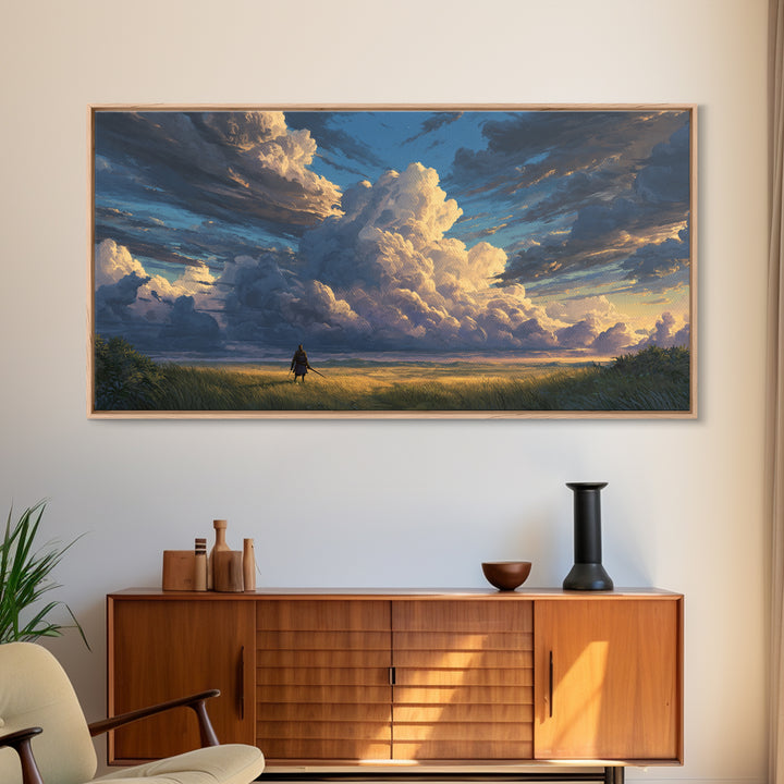 Lone Traveler Beneath Towering Clouds Wall Art, Dramatic Landscape Canvas Print, Calming Nature Living Room Decor, Large Poster
