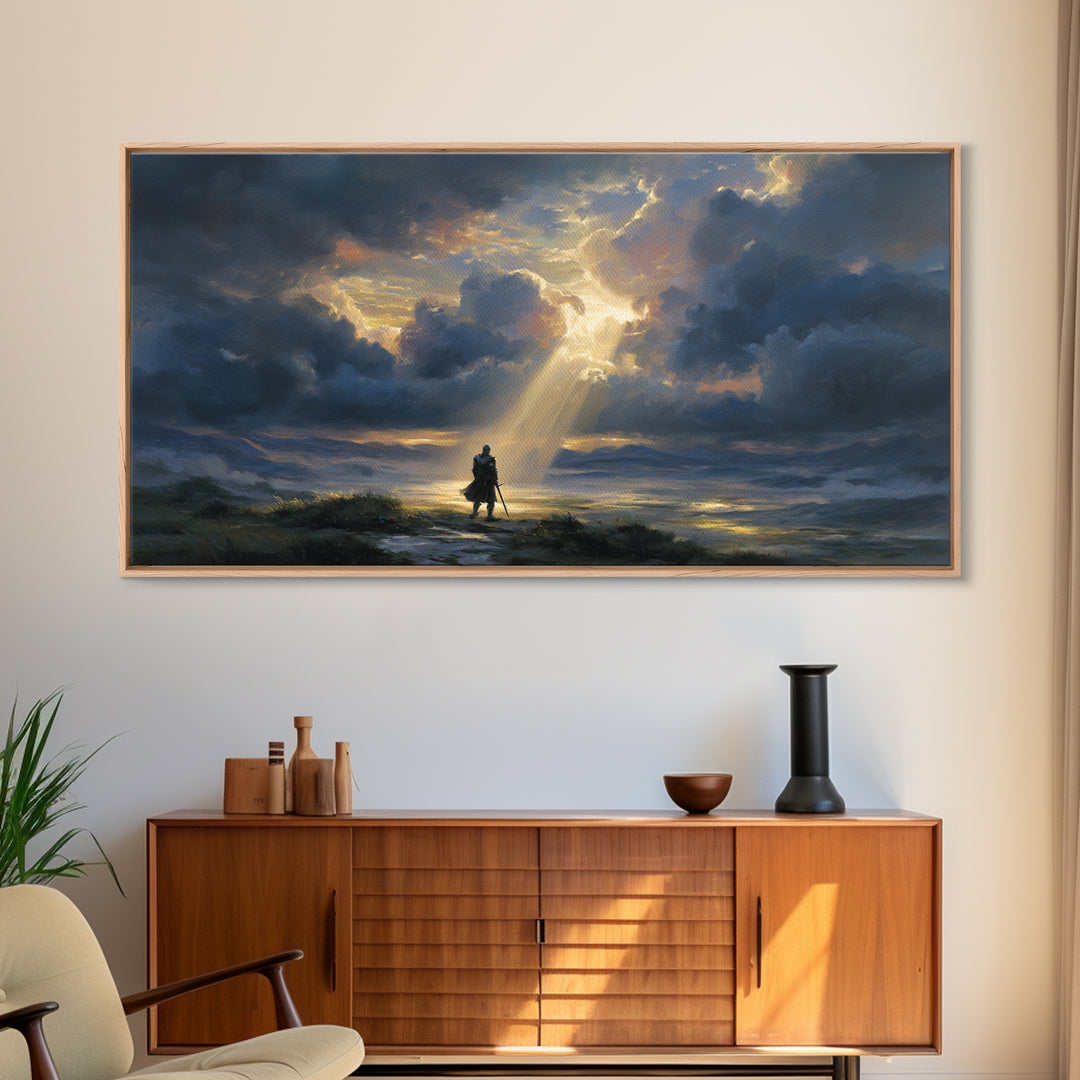 Lone Wanderer Beneath Radiant Storm Clouds Wall Art, Dramatic Fantasy Landscape Print, Moody Sky Living Room Decor, Gift For Him