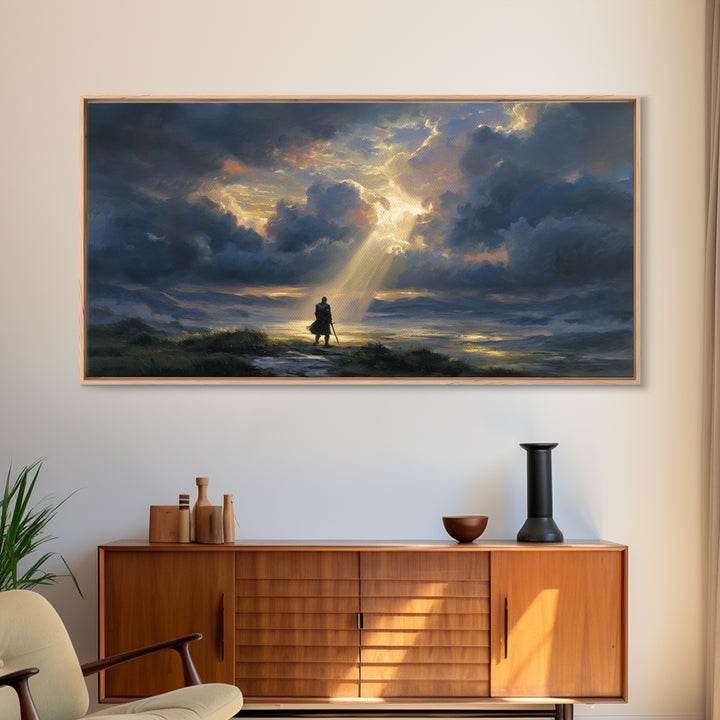 Lone Wanderer Beneath Radiant Storm Clouds Wall Art, Dramatic Fantasy Landscape Print, Moody Sky Living Room Decor, Gift For Him