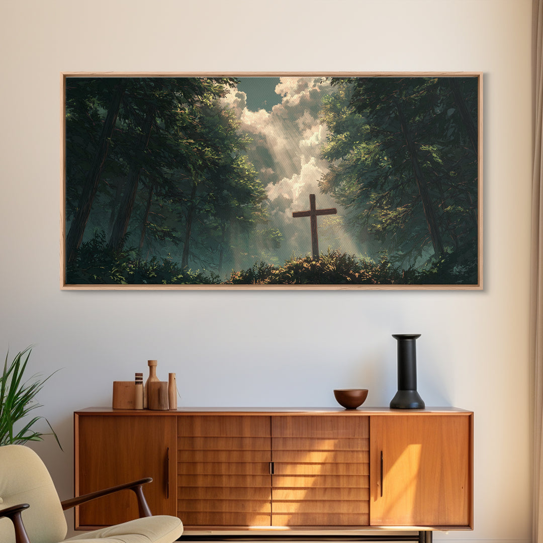 Sunlit Forest Cross Wall Art, Christian Canvas Print, Peaceful Nature Landscape, Bible Verse Decor, Prayer Room Gift, For Him