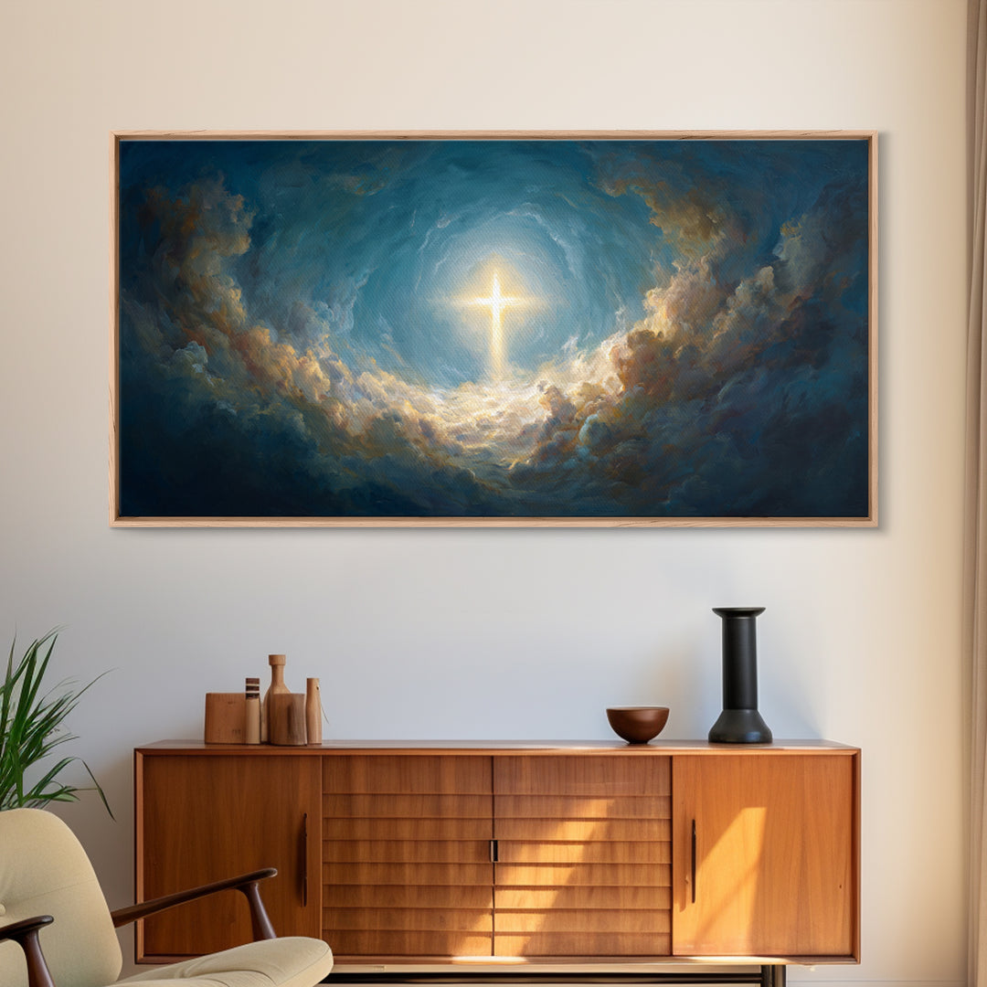 Glowing Cross In Stormy Clouds Wall Art, Christian Canvas Print, Celestial Religious Decor, Inspirational Gift For Home Decor