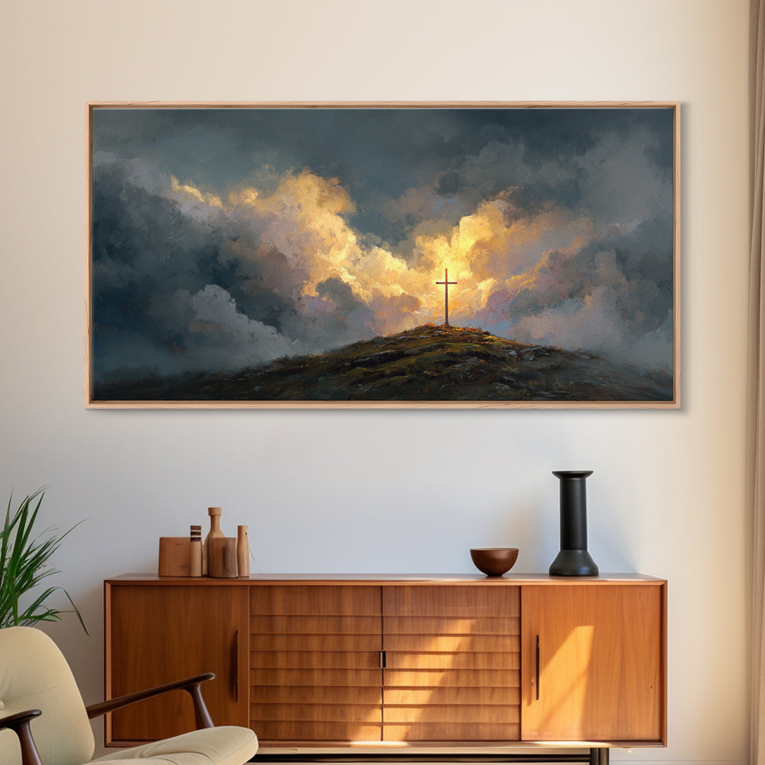 Dramatic Cross On Stormy Hill Wall Art, Christian Landscape Canvas, Moody Faith Decor, Religious Gift, Living Room Art Print