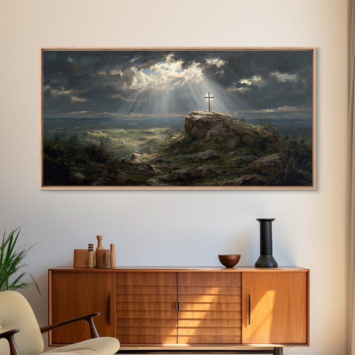 Sunlit Cross On Rocky Hill Wall Art, Christian Landscape Canvas Print, Bible Verse Decor, Spiritual Gift For Home And Prayer